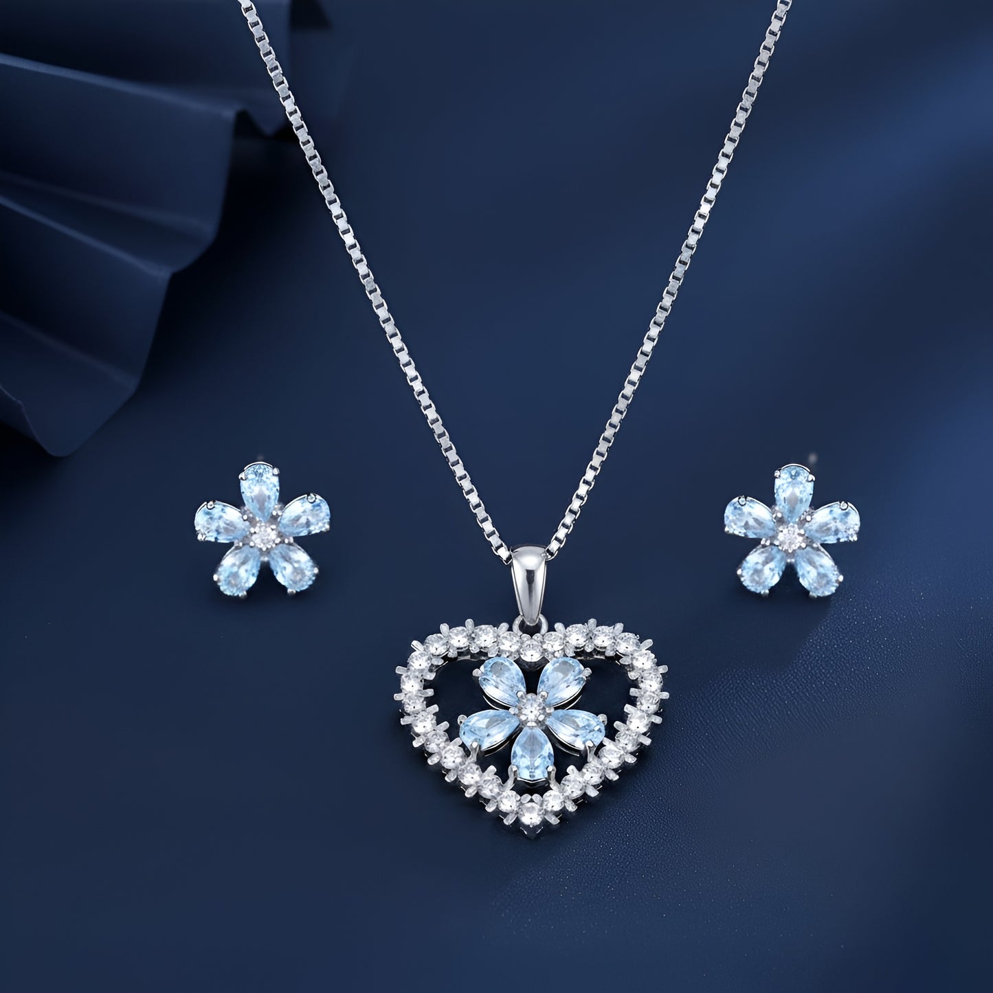 Silver Plated Zirconia Clear Heart Pendant and Flowerily Studs