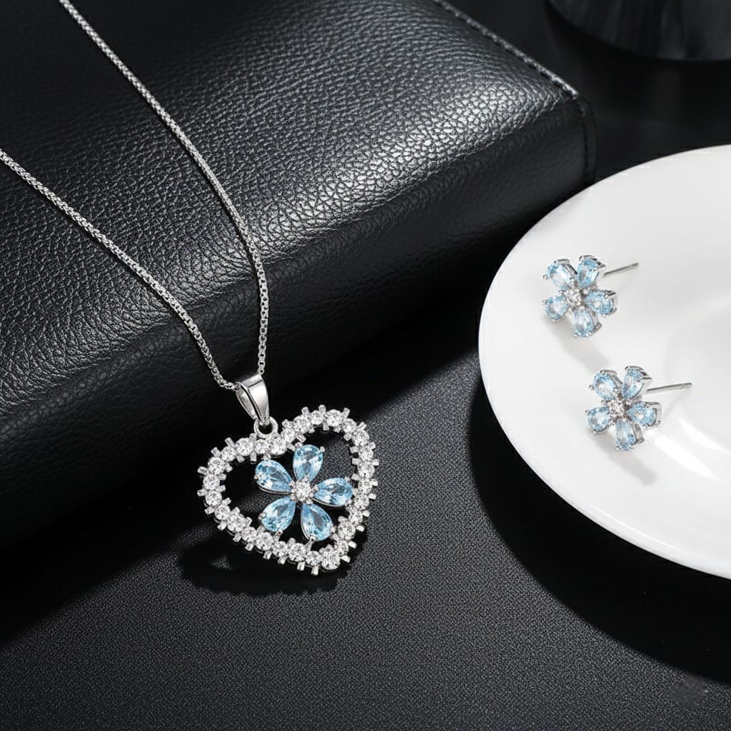 Silver Plated Zirconia Clear Heart Pendant and Flowerily Studs