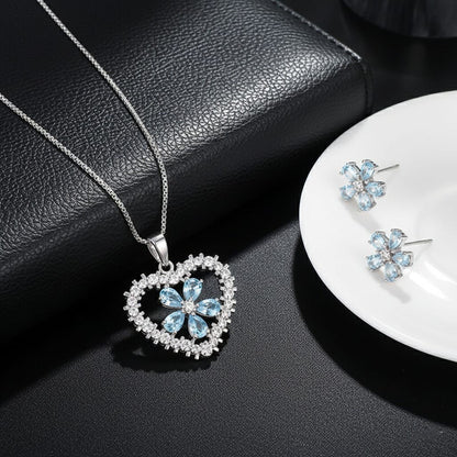 Silver Plated Zirconia Clear Heart Pendant and Flowerily Studs