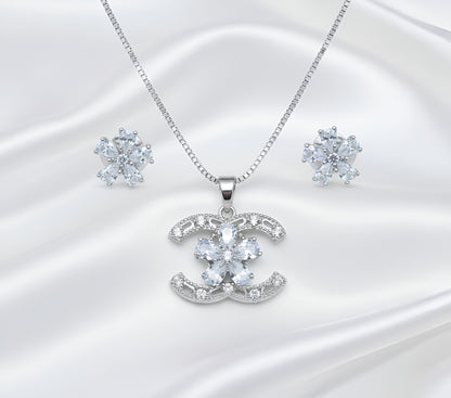 White Zirconia CC style Pendant and Flowerily Studs
