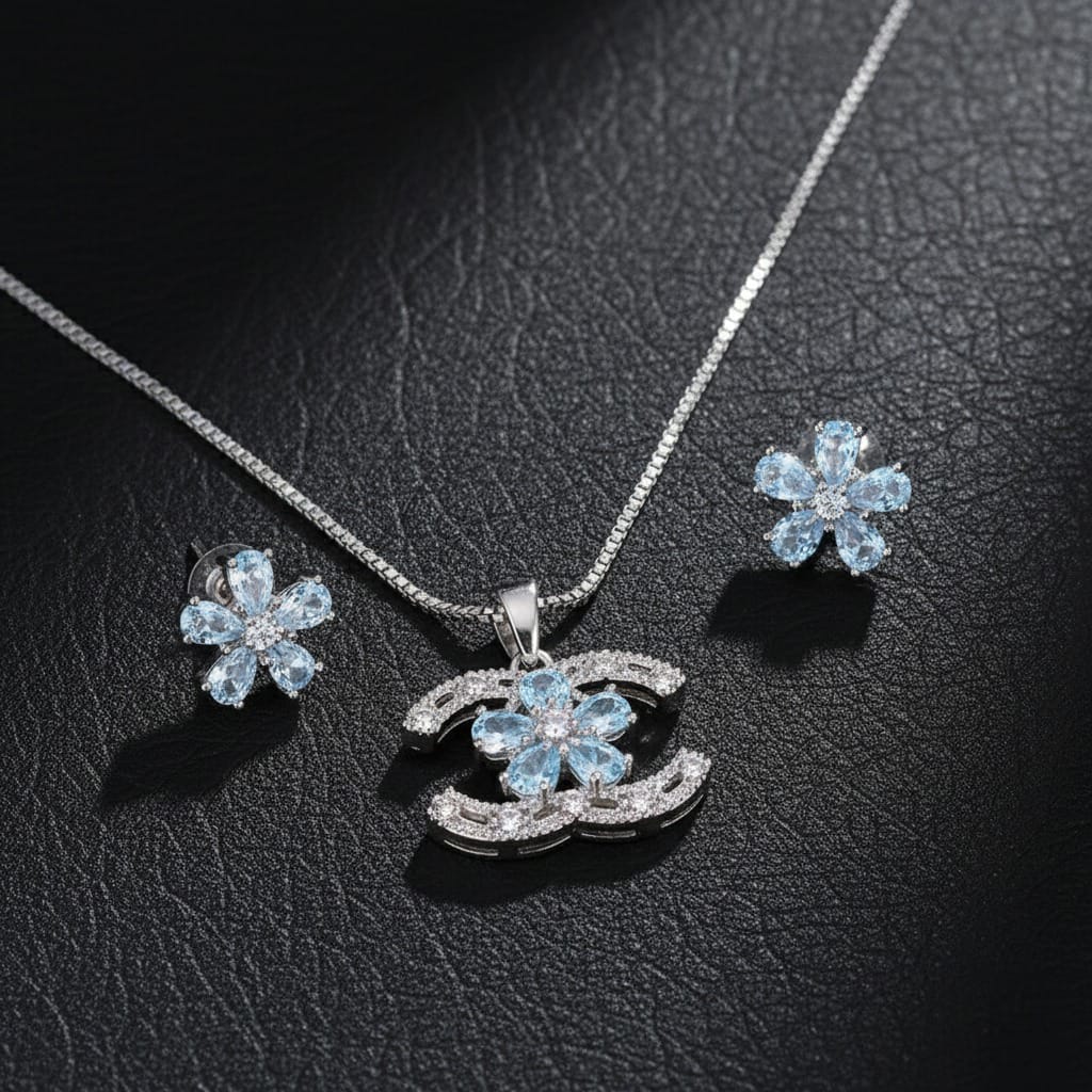 White Zirconia CC style Pendant and Flowerily Studs