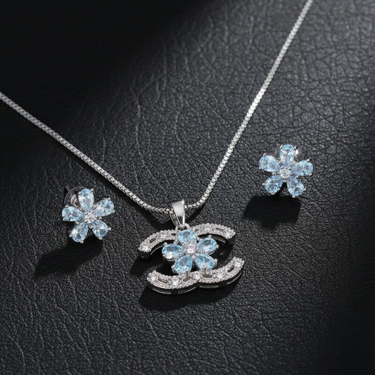 White Zirconia CC style Pendant and Flowerily Studs