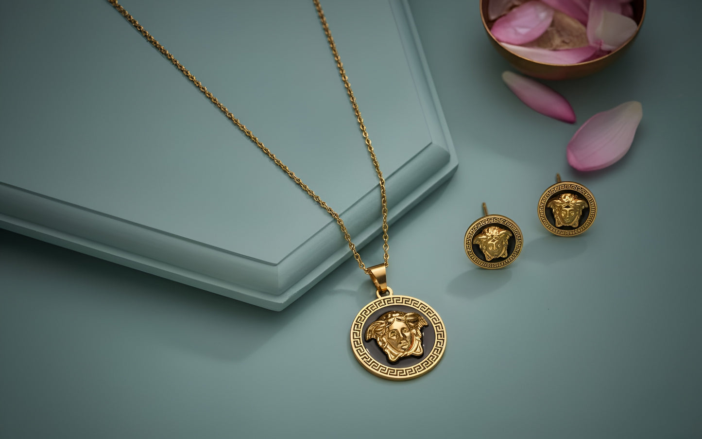 Stainless Steel Gold Plated Verse Black Pendant and Studs