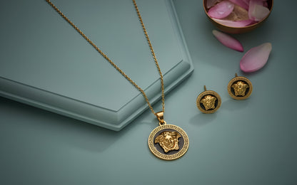 Stainless Steel Gold Plated Verse Black Pendant and Studs