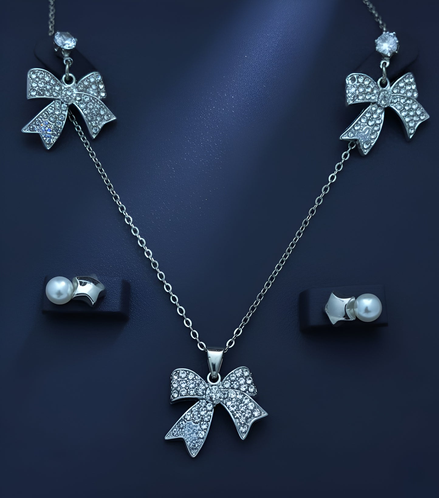 Silver Plated Fancy Wear Bow Necklace and Studs