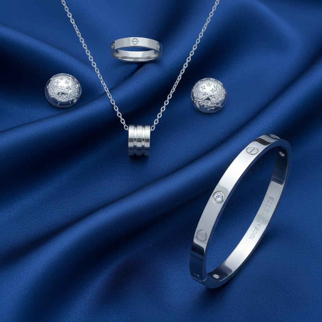 Silver-Toned Screw-Motif Jewelry Set