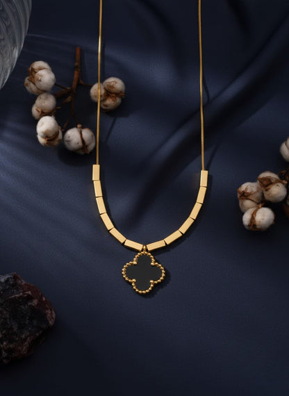 Golden Stainless Steel Black Clover Pendant and Tops Set