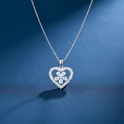 Silver Plated Zirconia Clear Heart Pendant and Flowerily Studs