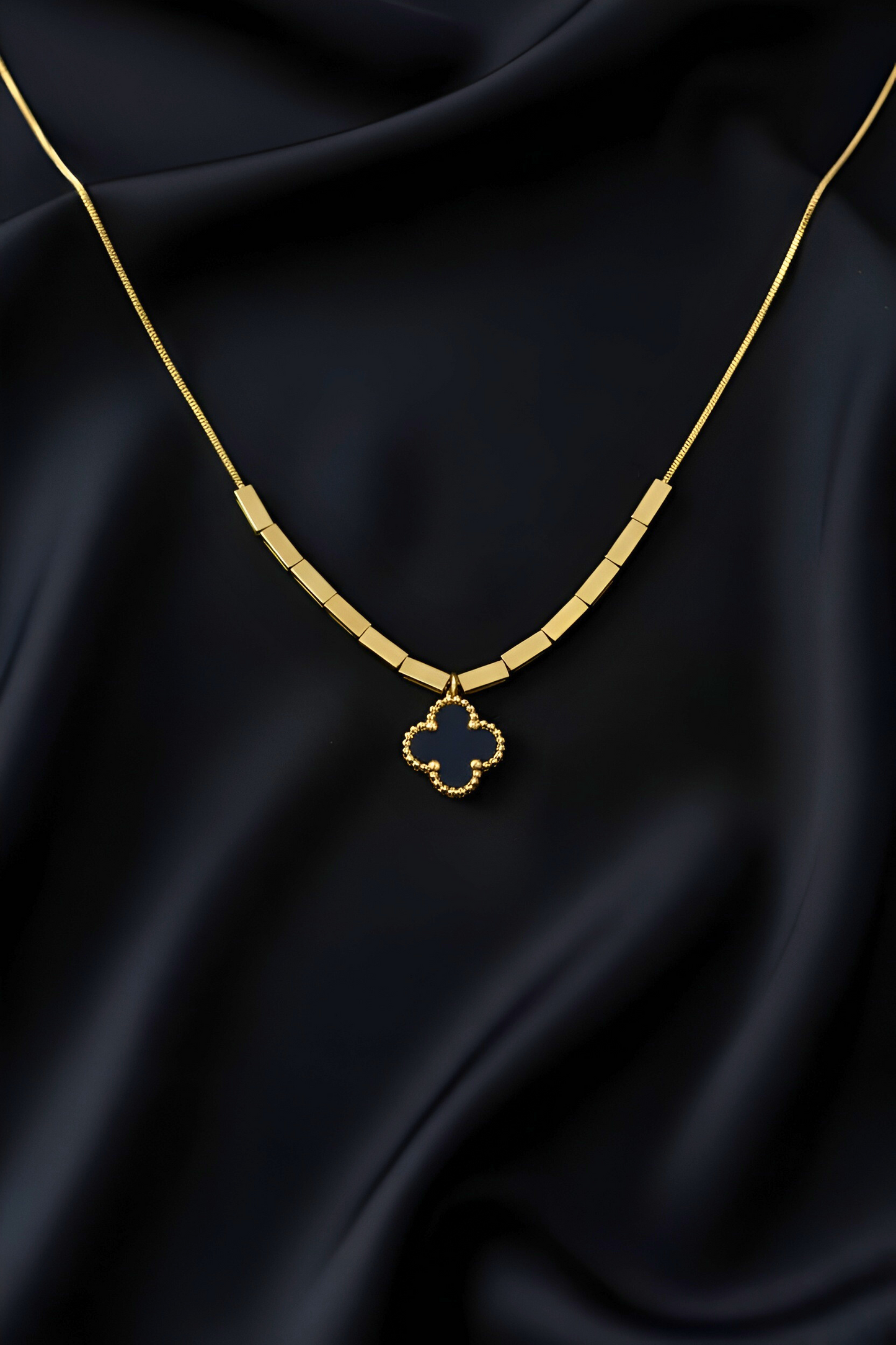 Golden Stainless Steel Black Clover Pendant and Tops Set