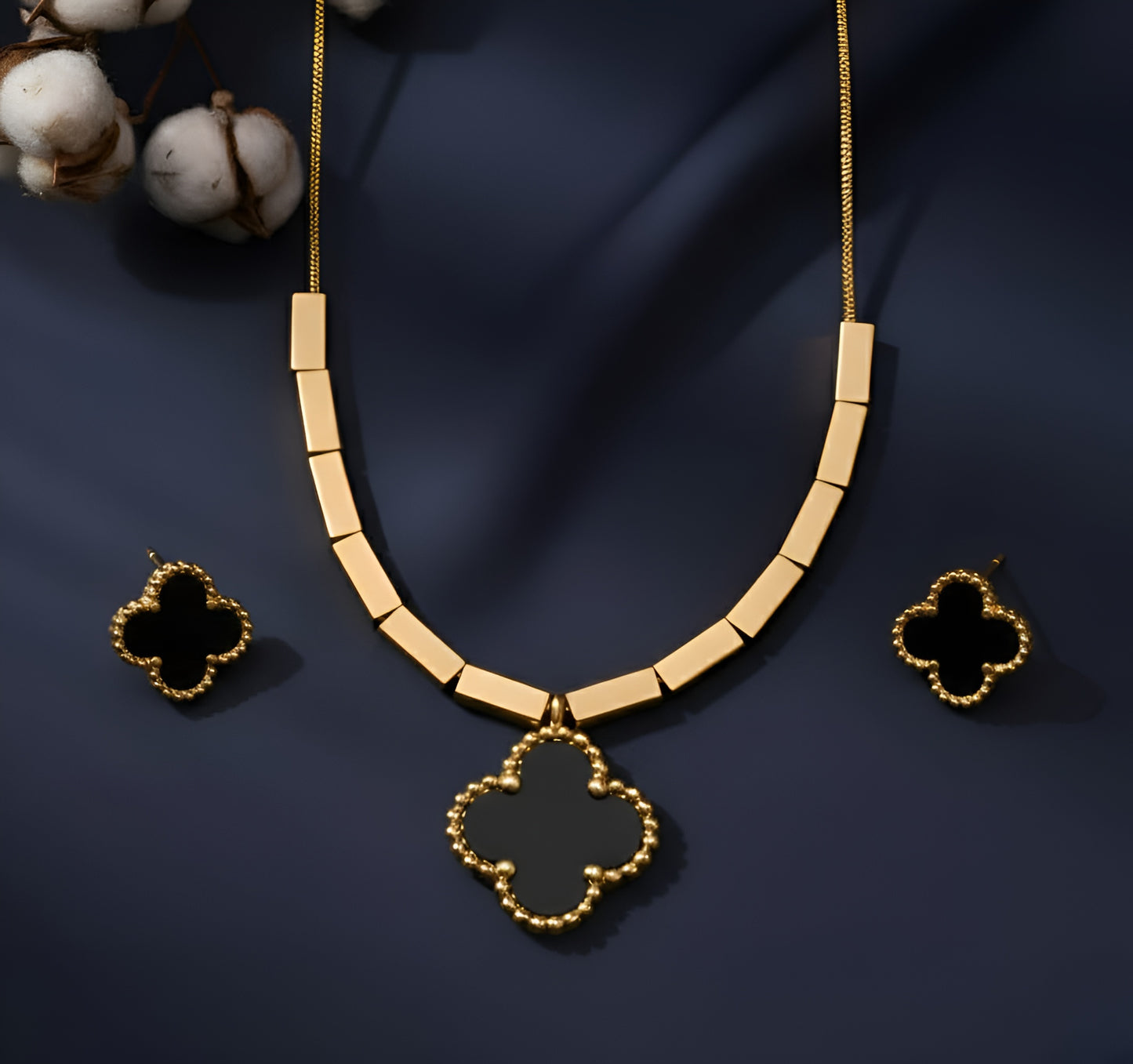 Golden Stainless Steel Black Clover Pendant and Tops Set