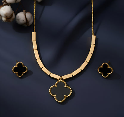Golden Stainless Steel Black Clover Pendant and Tops Set