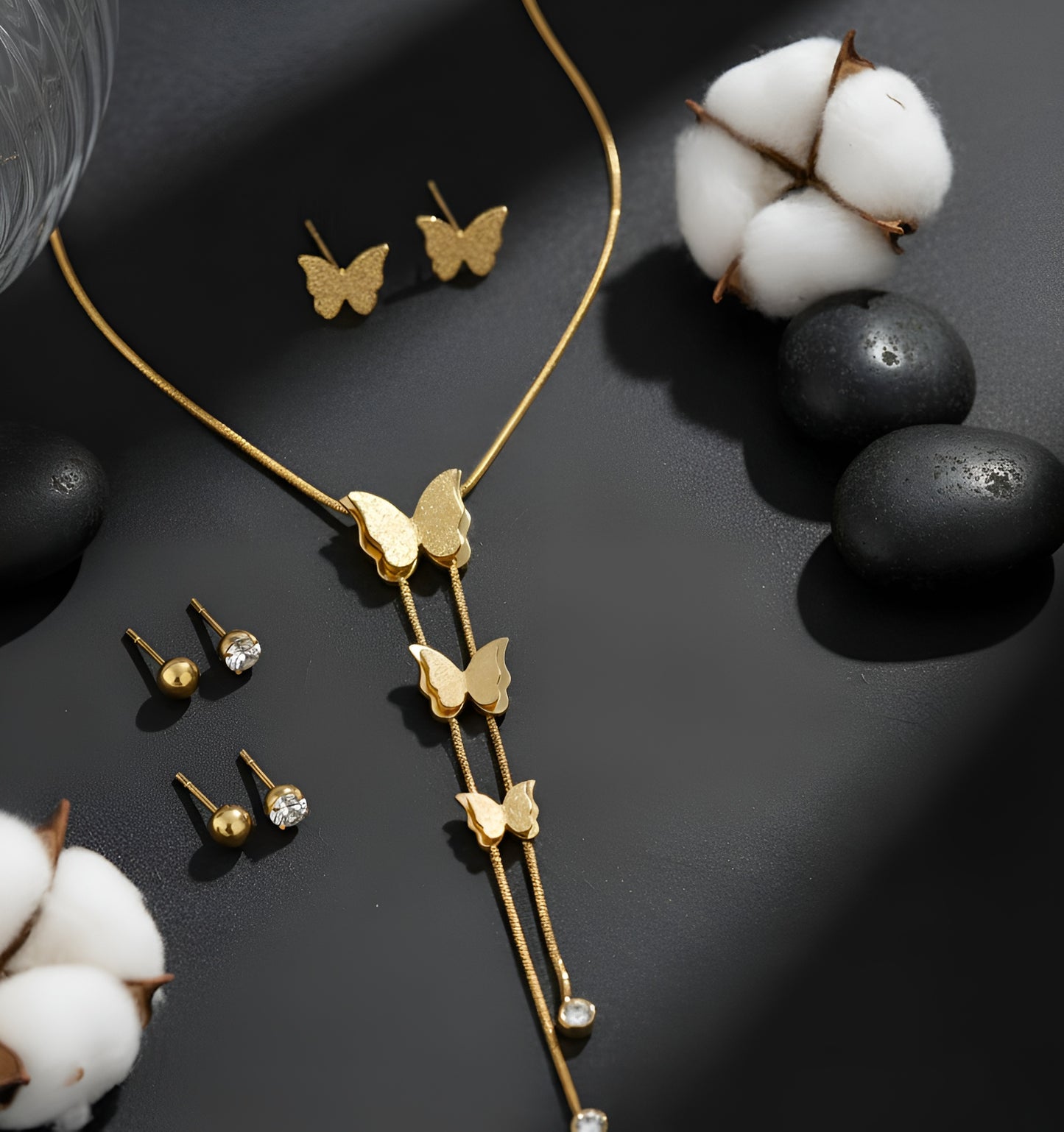 3D Golden Stainless Steel Butterfly Pendant and Studs