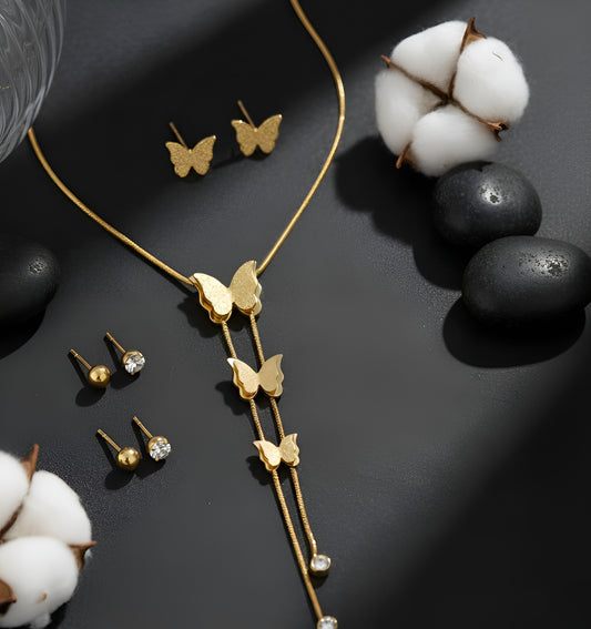3D Golden Stainless Steel Butterfly Pendant and Studs