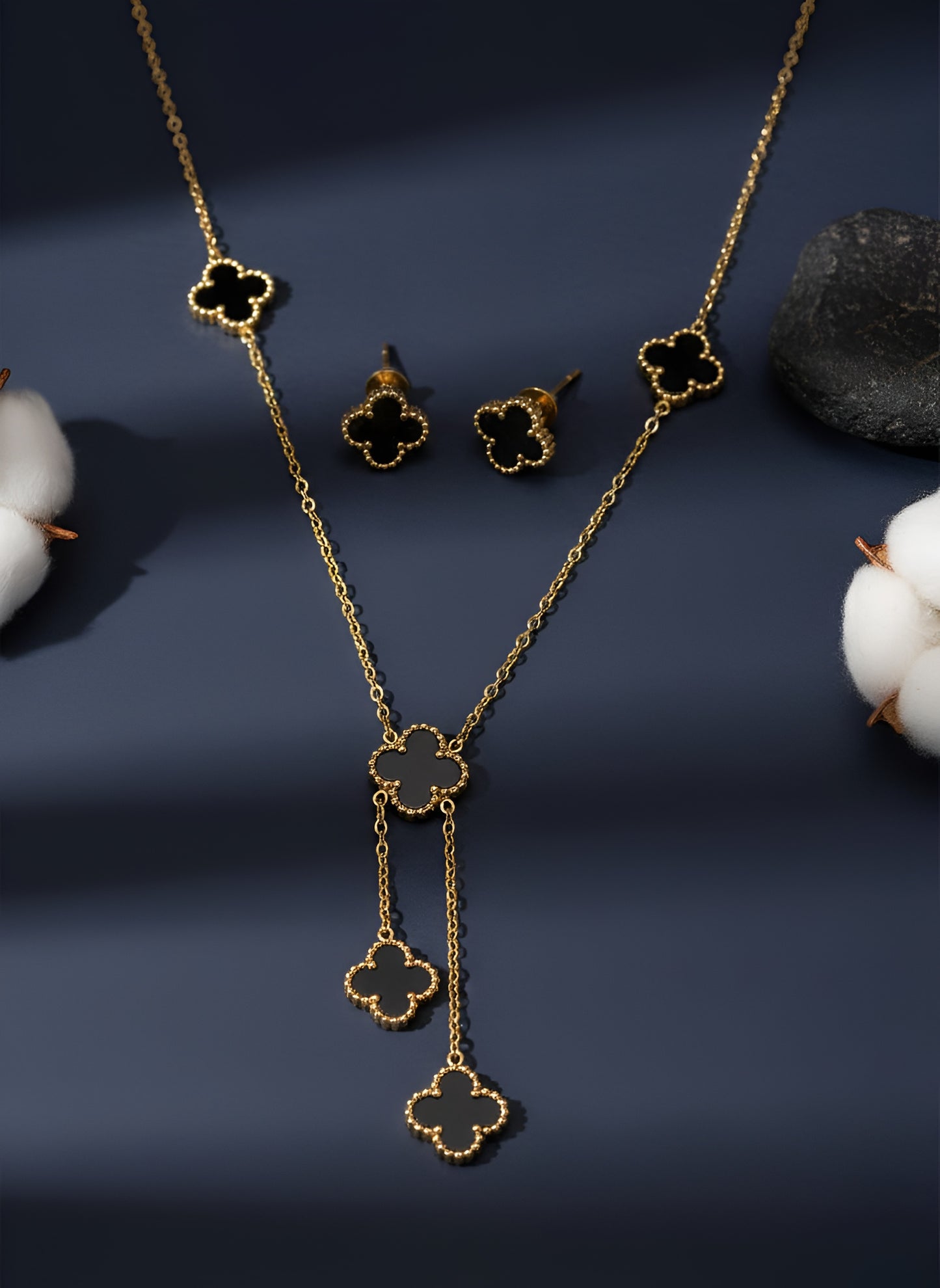 Golden Stainless Steel Multi Black Clover Pendant and Studs