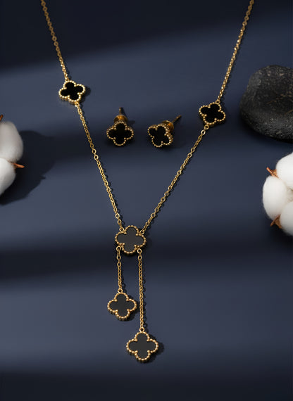 Golden Stainless Steel Multi Black Clover Pendant and Studs